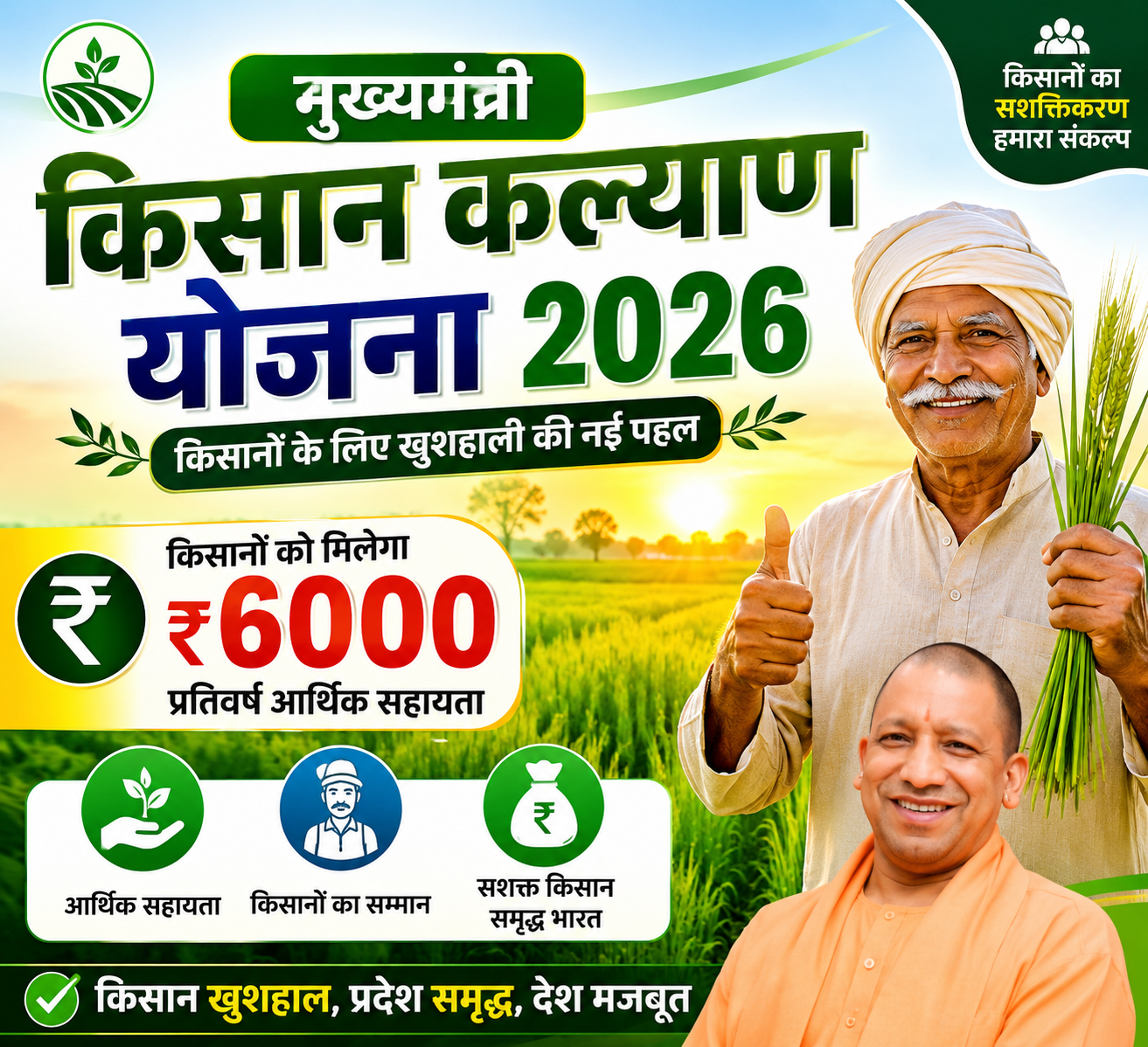 Mukhyamantri Kisan Kalyan Yojana 2026 feature image showing a smiling farmer standing in a green field with agricultural crops, scheme title in Hindi, ₹6000 financial assistance highlight, and a government leader portrait representing farmer welfare and financial support.
