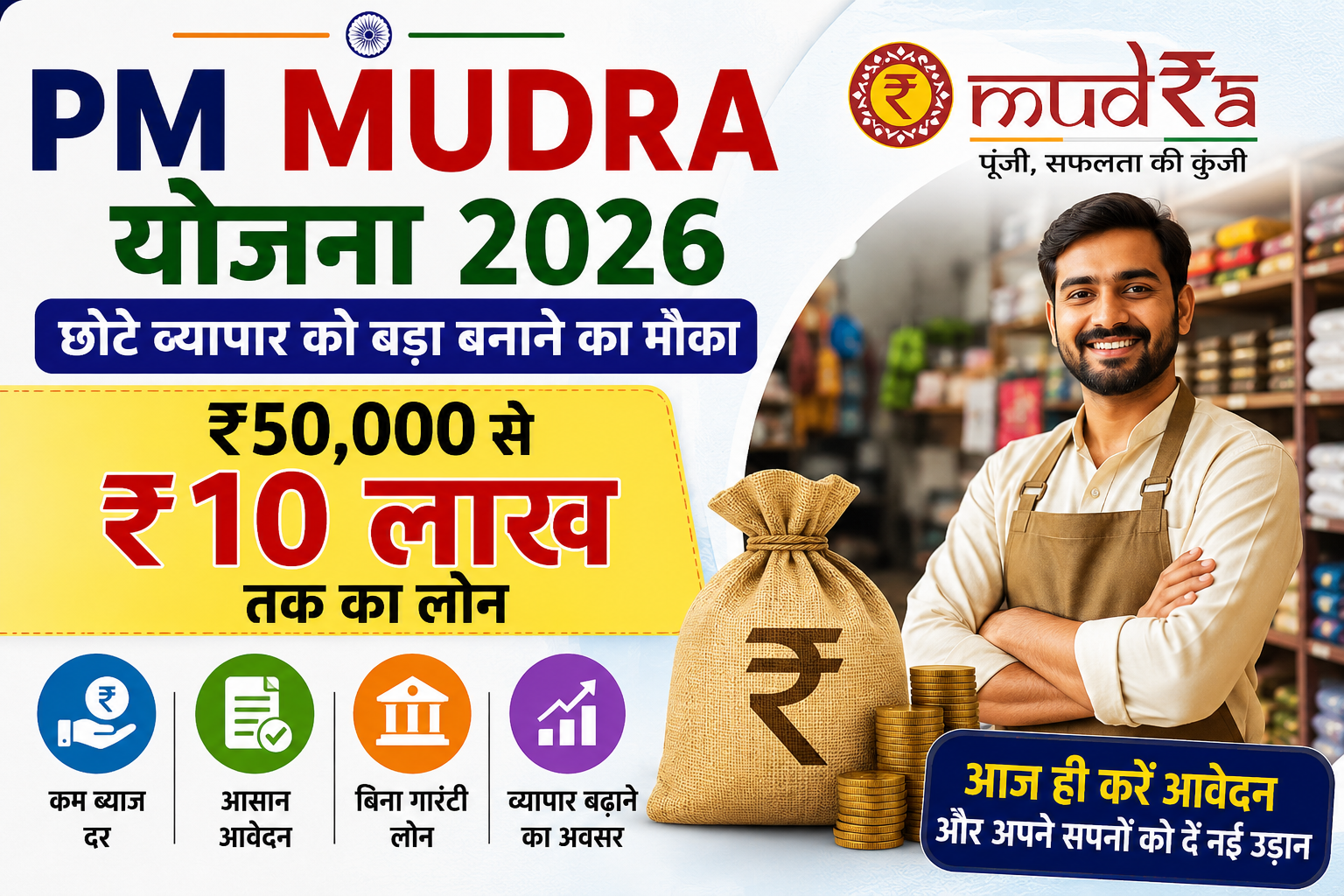 PM Mudra Yojana 2026 के तहत ₹50,000 से ₹10 लाख तक लोन, आवेदन प्रक्रिया और छोटे व्यापारियों के लिए वित्तीय सहायता की जानकारी।