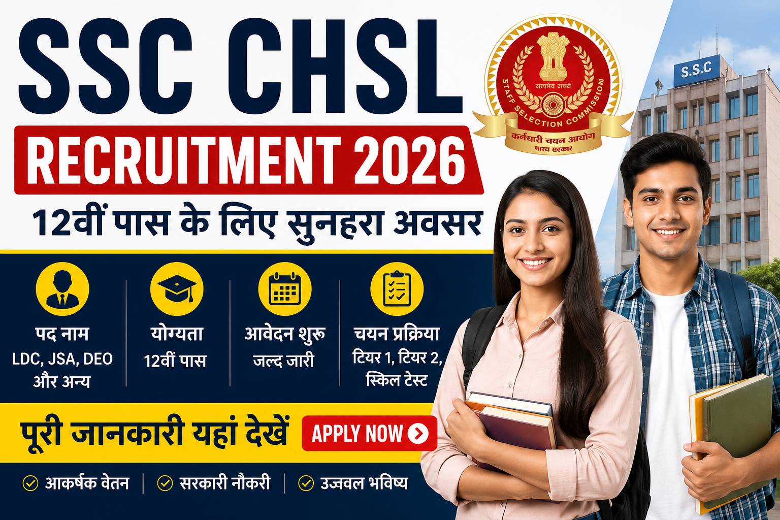 SSC CHSL Recruitment 2026 फीचर इमेज, जिसमें 12वीं पास उम्मीदवारों के लिए SSC CHSL भर्ती, LDC, JSA, DEO पद, चयन प्रक्रिया और सरकारी नौकरी की जानकारी दिखाई गई है।