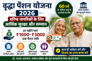 Vridha Pension Yojana 2026 फीचर इमेज, जिसमें वरिष्ठ नागरिकों को मिलने वाली पेंशन राशि, आर्थिक सहायता और वृद्धावस्था पेंशन योजना की जानकारी दिखाई गई है।