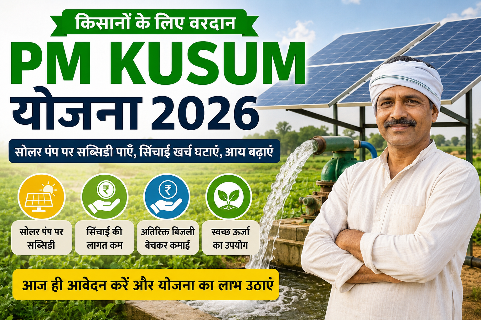 PM KUSUM Yojana 2026 की फीचर इमेज, जिसमें किसानों के लिए सोलर पंप सब्सिडी, सौर ऊर्जा आधारित सिंचाई, ऑनलाइन आवेदन, पात्रता, सरकारी सहायता और योजना के प्रमुख लाभ दर्शाए गए हैं।