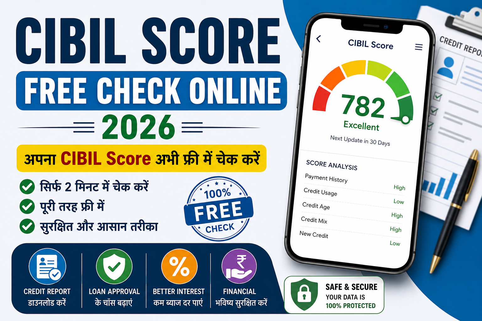 CIBIL Score Free Check Online 2026 की जानकारी दिखाती हुई फीचर इमेज, जिसमें मोबाइल पर क्रेडिट स्कोर, क्रेडिट रिपोर्ट और फ्री स्कोर चेक करने की प्रक्रिया दिखाई गई है।