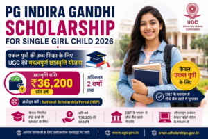PG Indira Gandhi Scholarship for Single Girl Child 2026 की फीचर इमेज, जिसमें एकल पुत्री (Single Girl Child) के लिए UGC द्वारा प्रदान की जाने वाली ₹36,200 वार्षिक छात्रवृत्ति, ऑनलाइन आवेदन, पात्रता, DBT भुगतान और National Scholarship Portal (NSP) की जानकारी दर्शाई गई है।
