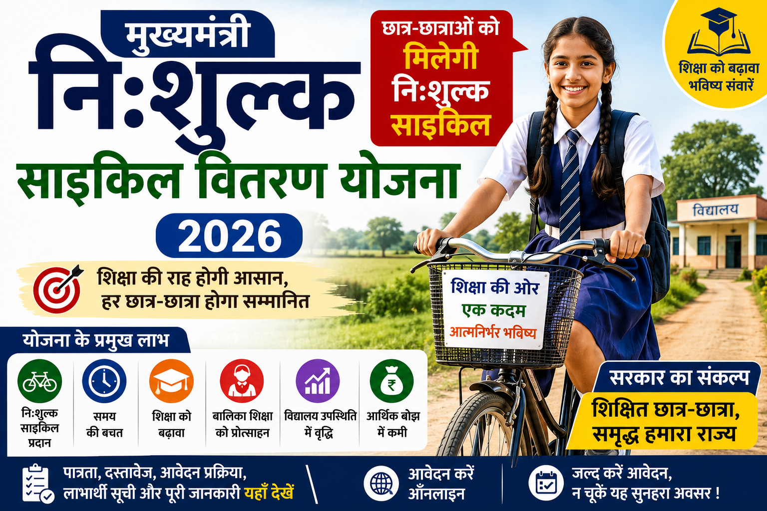 Mukhyamantri Nishulk Cycle Vitran Yojana 2026 की फीचर इमेज जिसमें मध्य प्रदेश के छात्र-छात्राओं को निःशुल्क साइकिल, ऑनलाइन आवेदन, पात्रता, लाभ और शिक्षा सहायता योजना की जानकारी दिखाई गई है।