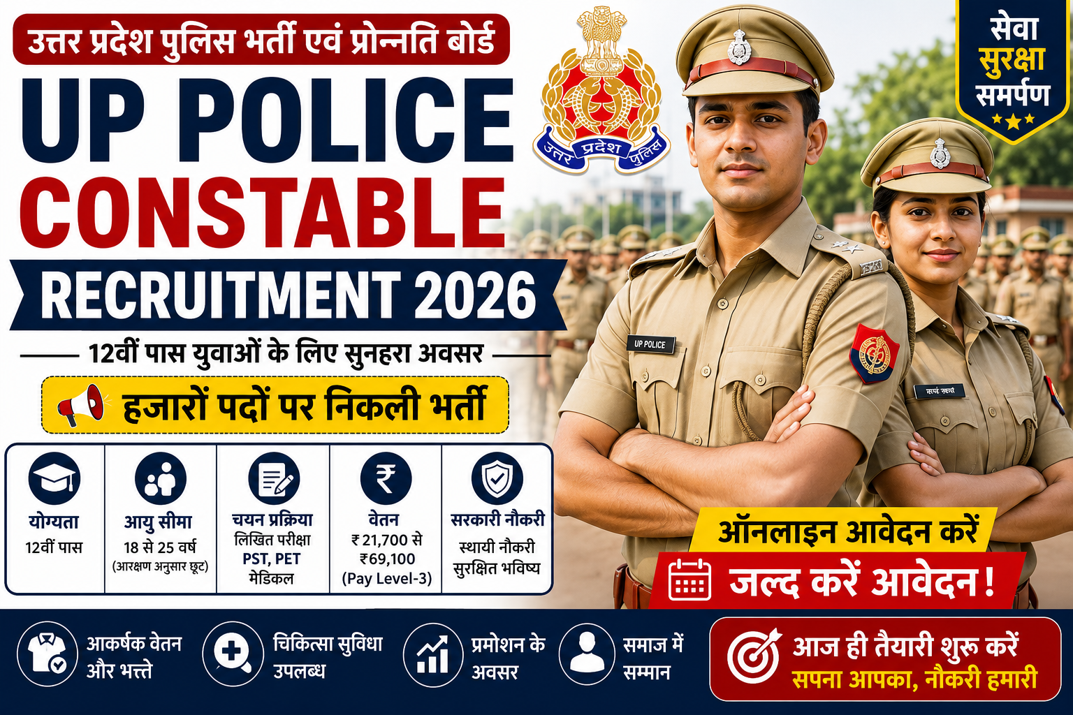 UP Police Constable Recruitment 2026 की फीचर इमेज जिसमें 12वीं पास उम्मीदवारों के लिए उत्तर प्रदेश पुलिस कांस्टेबल भर्ती, ऑनलाइन आवेदन, चयन प्रक्रिया, सैलरी, PST, PET और सरकारी नौकरी की जानकारी दिखाई गई है।