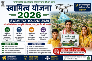 स्वामित्व योजना 2026 (SVAMITVA Yojana 2026) की फीचर इमेज, जिसमें ग्रामीण नागरिकों के लिए Property Card (स्वामित्व कार्ड), ड्रोन सर्वेक्षण, ऑनलाइन जानकारी, डिजिटल भूमि रिकॉर्ड और सरकारी योजना के लाभ दर्शाए गए हैं।