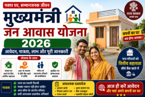 Mukhyamantri Jan Awas Yojana 2026 की फीचर इमेज जिसमें मध्य प्रदेश के पात्र परिवारों के लिए पक्का घर, ऑनलाइन आवेदन, पात्रता, वित्तीय सहायता और आवास योजना की जानकारी दिखाई गई है।