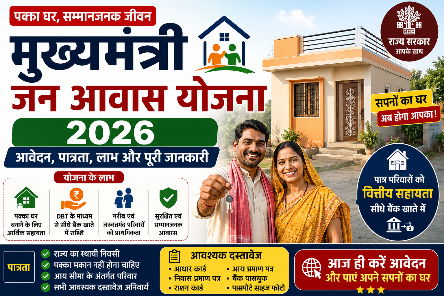 Mukhyamantri Jan Awas Yojana 2026 की फीचर इमेज जिसमें मध्य प्रदेश के पात्र परिवारों के लिए पक्का घर, ऑनलाइन आवेदन, पात्रता, वित्तीय सहायता और आवास योजना की जानकारी दिखाई गई है।