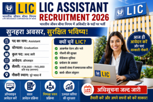 LIC Assistant Recruitment 2026 की फीचर इमेज जिसमें ग्रेजुएट उम्मीदवारों के लिए एलआईसी असिस्टेंट भर्ती, ऑनलाइन आवेदन, चयन प्रक्रिया, सैलरी, परीक्षा पैटर्न और सरकारी नौकरी की जानकारी दिखाई गई है।