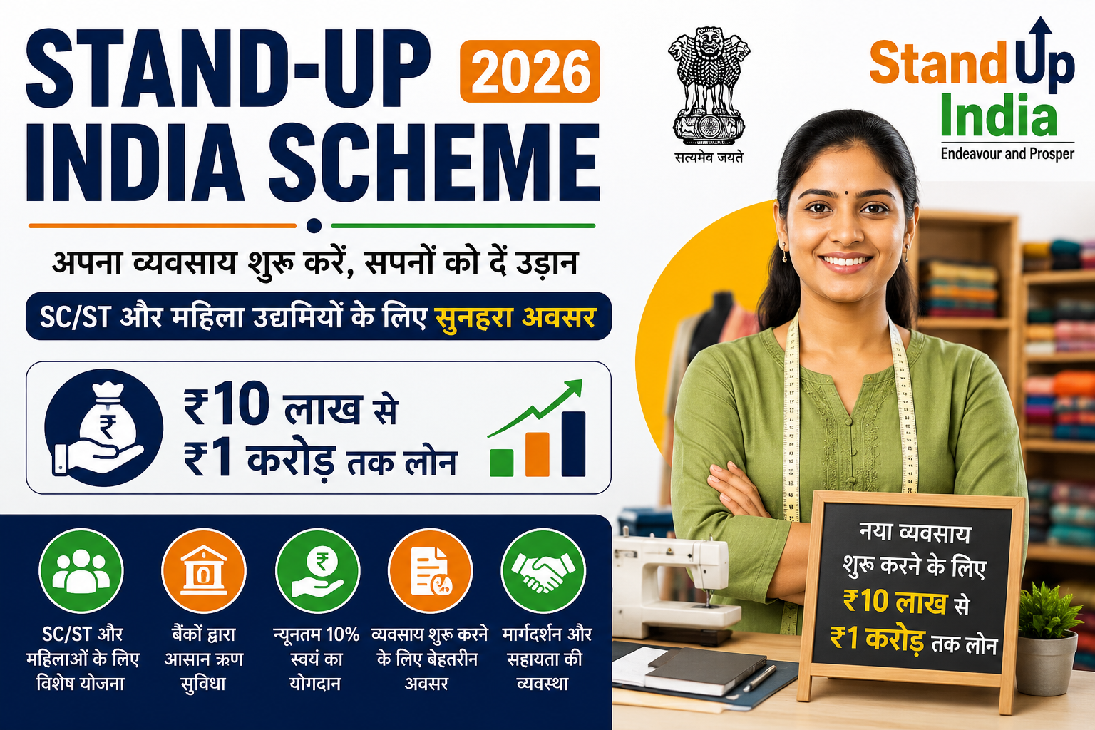 Stand-Up India Scheme 2026 फीचर्ड इमेज जिसमें ₹10 लाख से ₹1 करोड़ तक लोन, SC/ST एवं महिला उद्यमियों के लिए पात्रता, आवेदन प्रक्रिया और सरकारी योजना की जानकारी दिखाई गई है।