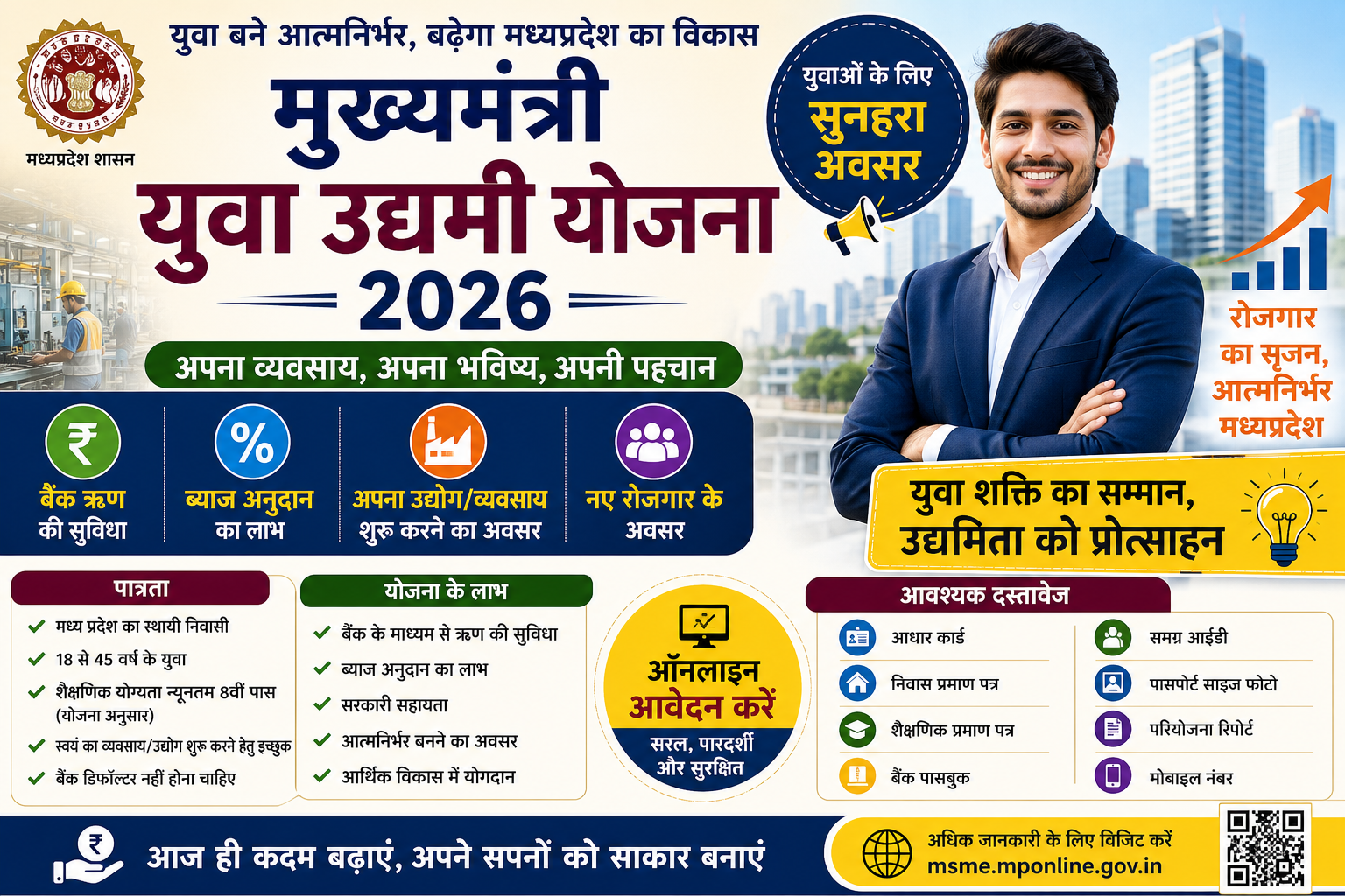 Mukhyamantri Yuva Udyami Yojana 2026 की फीचर इमेज जिसमें मध्य प्रदेश के युवाओं के लिए व्यवसाय शुरू करने हेतु बैंक ऋण, ब्याज अनुदान, ऑनलाइन आवेदन, पात्रता और सरकारी सहायता की जानकारी दिखाई गई है।
