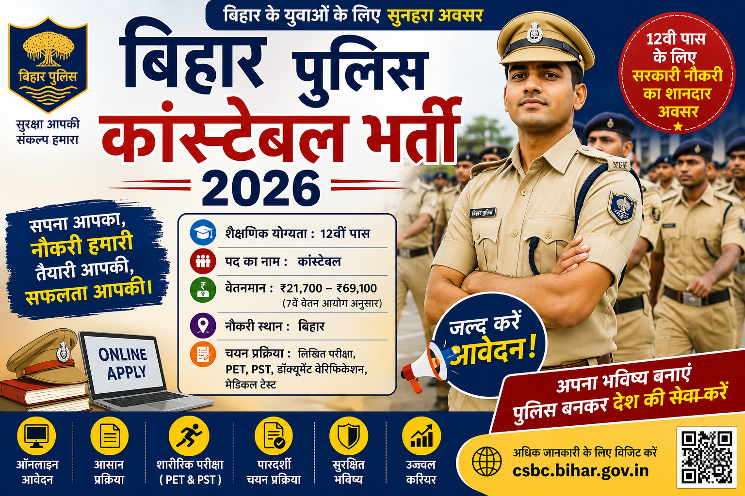 Bihar Police Constable Recruitment 2026 की फीचर इमेज जिसमें 12वीं पास उम्मीदवारों के लिए बिहार पुलिस कांस्टेबल भर्ती, ऑनलाइन आवेदन, योग्यता, चयन प्रक्रिया, वेतन और सरकारी नौकरी की जानकारी दिखाई गई है।