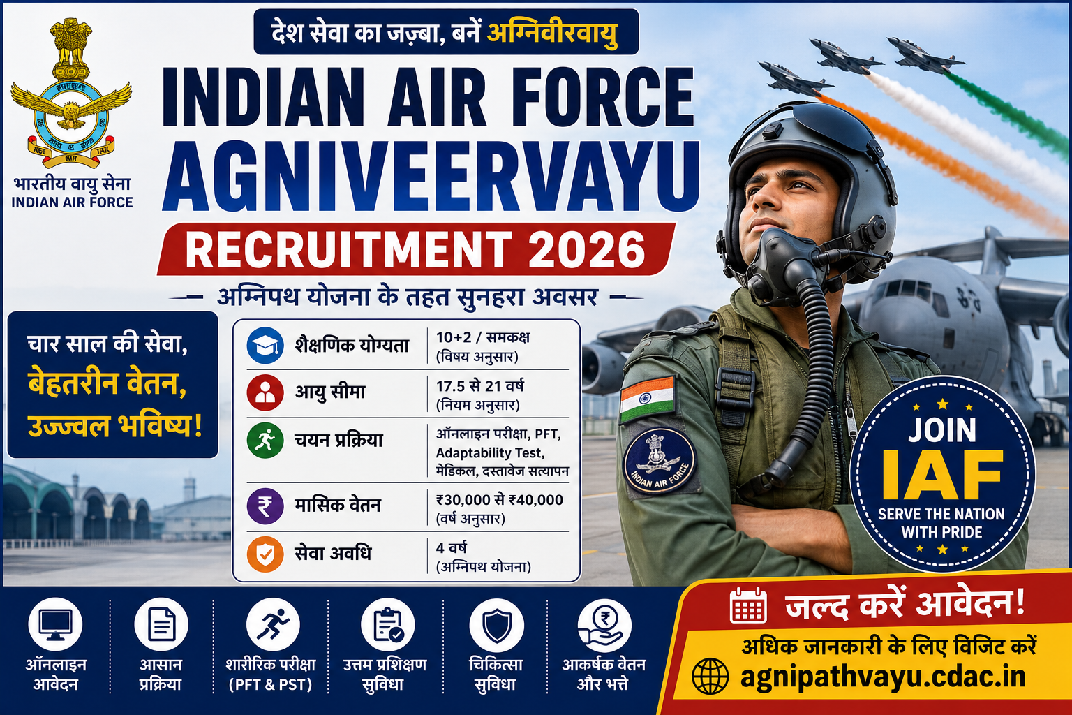 Indian Air Force Agniveervayu Recruitment 2026 की फीचर इमेज जिसमें भारतीय वायु सेना में अग्निवीरवायु भर्ती, ऑनलाइन आवेदन, योग्यता, चयन प्रक्रिया, वेतन, शारीरिक परीक्षा और देश सेवा का अवसर दर्शाया गया है।