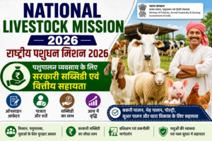 National Livestock Mission 2026 की फीचर इमेज, जिसमें पशुपालन, बकरी पालन, भेड़ पालन, पोल्ट्री, सब्सिडी, ऑनलाइन आवेदन, पात्रता और सरकारी वित्तीय सहायता की जानकारी दिखाई गई है।