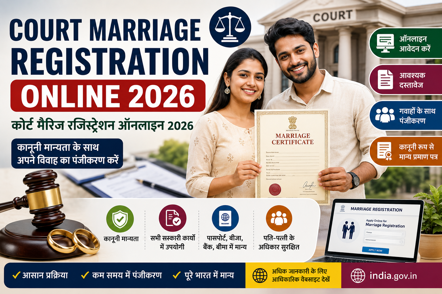 Court Marriage Registration Online 2026, कोर्ट मैरिज रजिस्ट्रेशन ऑनलाइन 2026, Marriage Certificate Apply Online, Court Marriage Registration Process, Marriage Registration Documents, Court Marriage Online Apply