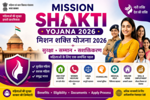 Mission Shakti Yojana 2026 की फीचर इमेज, जिसमें महिलाओं की सुरक्षा, सशक्तिकरण, One Stop Centre, महिला हेल्पलाइन, सरकारी सहायता, पात्रता और लाभ को दर्शाया गया है।