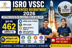 ISRO VSSC Apprentice Recruitment 2026 की फीचर इमेज, जिसमें ISRO Vikram Sarabhai Space Centre (VSSC) में 462 अप्रेंटिस पद, पात्रता, स्टाइपेंड, प्रशिक्षण और आवेदन प्रक्रिया की जानकारी दिखाई गई है।