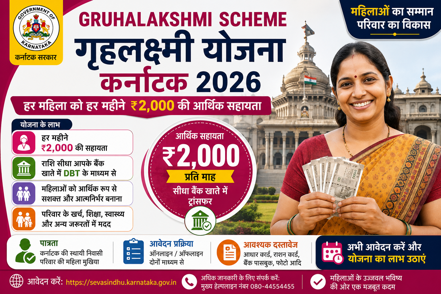 Gruhalakshmi Scheme Karnataka 2026 की फीचर इमेज, जिसमें कर्नाटक सरकार द्वारा पात्र महिला मुखिया को हर महीने ₹2,000 की आर्थिक सहायता, पात्रता, आवेदन प्रक्रिया और DBT भुगतान की जानकारी दिखाई गई है।