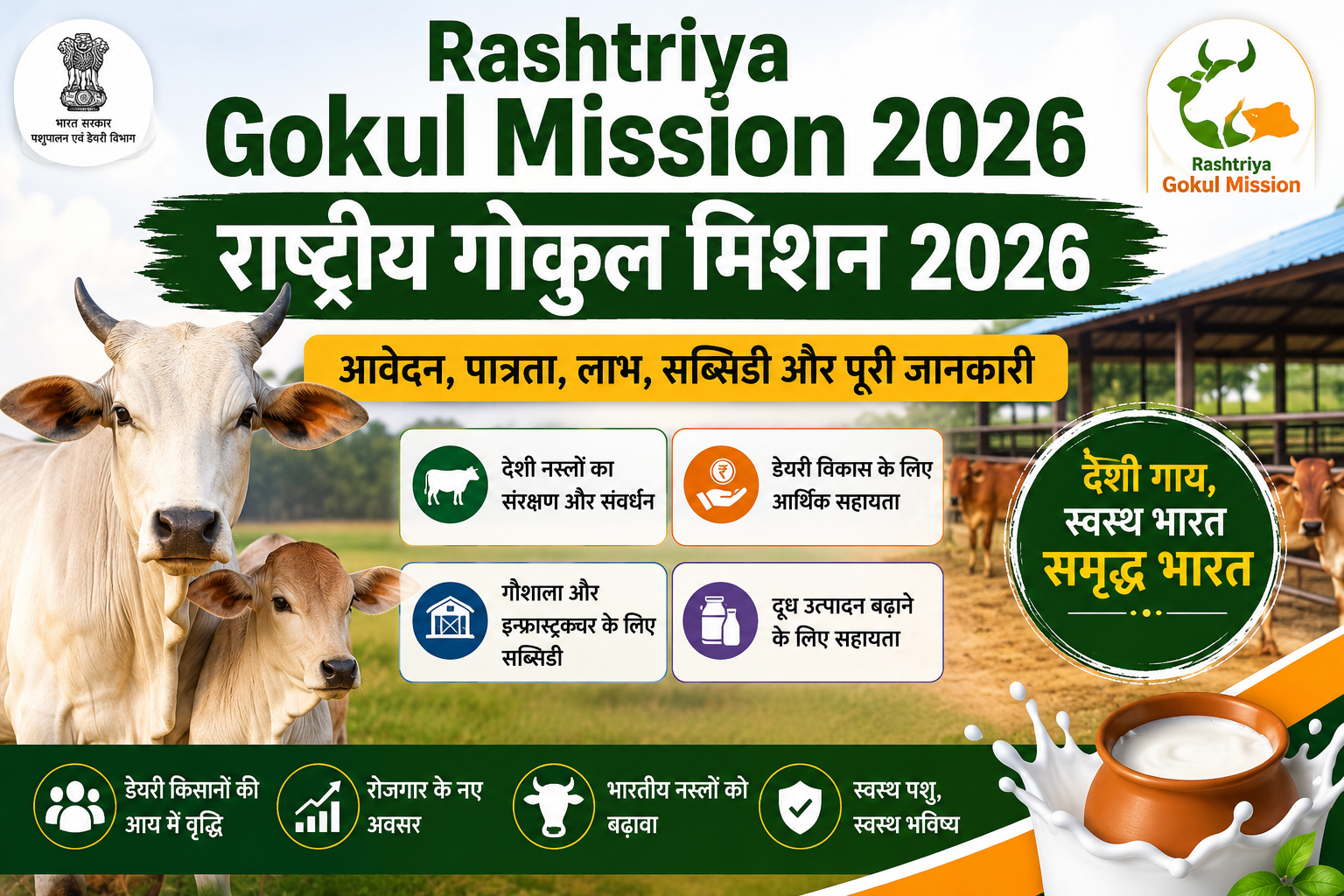 Rashtriya Gokul Mission 2026 के तहत देशी गोवंश संरक्षण, पशुपालकों के लिए लाभ, सब्सिडी, आवेदन प्रक्रिया और पूरी जानकारी।