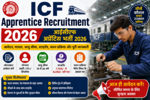 ICF Apprentice Recruitment 2026 के लिए ऑनलाइन आवेदन, पात्रता, आयु सीमा, ITI एवं 10वीं योग्यता, स्टाइपेंड, चयन प्रक्रिया और पूरी जानकारी दर्शाती हुई फीचर इमेज।