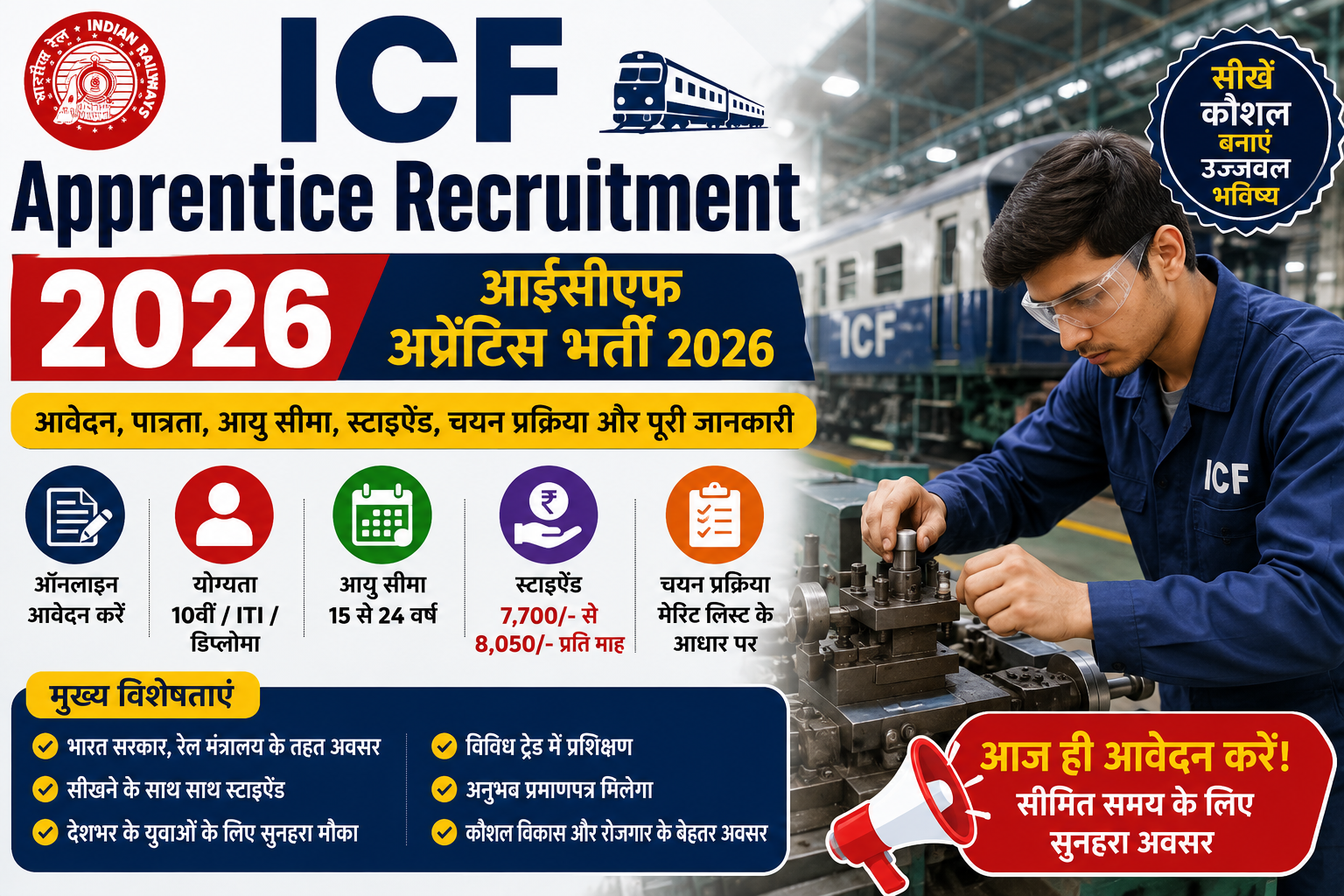 ICF Apprentice Recruitment 2026 के लिए ऑनलाइन आवेदन, पात्रता, आयु सीमा, ITI एवं 10वीं योग्यता, स्टाइपेंड, चयन प्रक्रिया और पूरी जानकारी दर्शाती हुई फीचर इमेज।