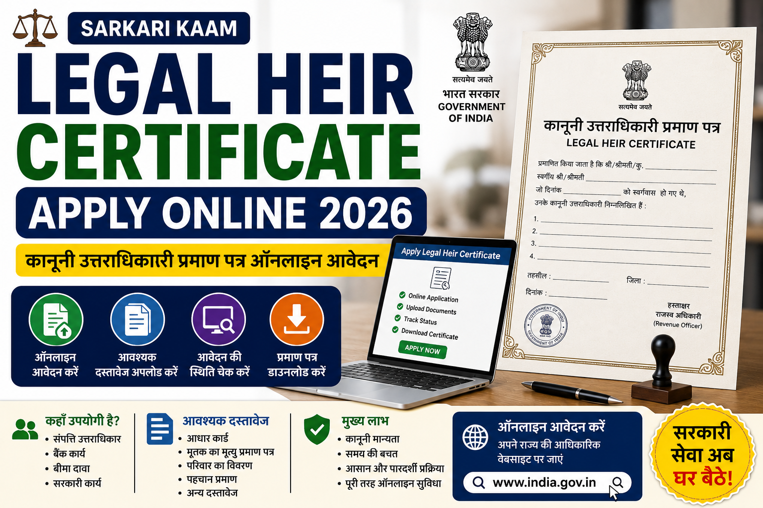 Legal Heir Certificate Apply Online 2026, कानूनी उत्तराधिकारी प्रमाण पत्र ऑनलाइन आवेदन 2026, Legal Heir Certificate, Legal Successor Certificate, Heir Certificate Registration, Family Certificate, Sarkari Certificate