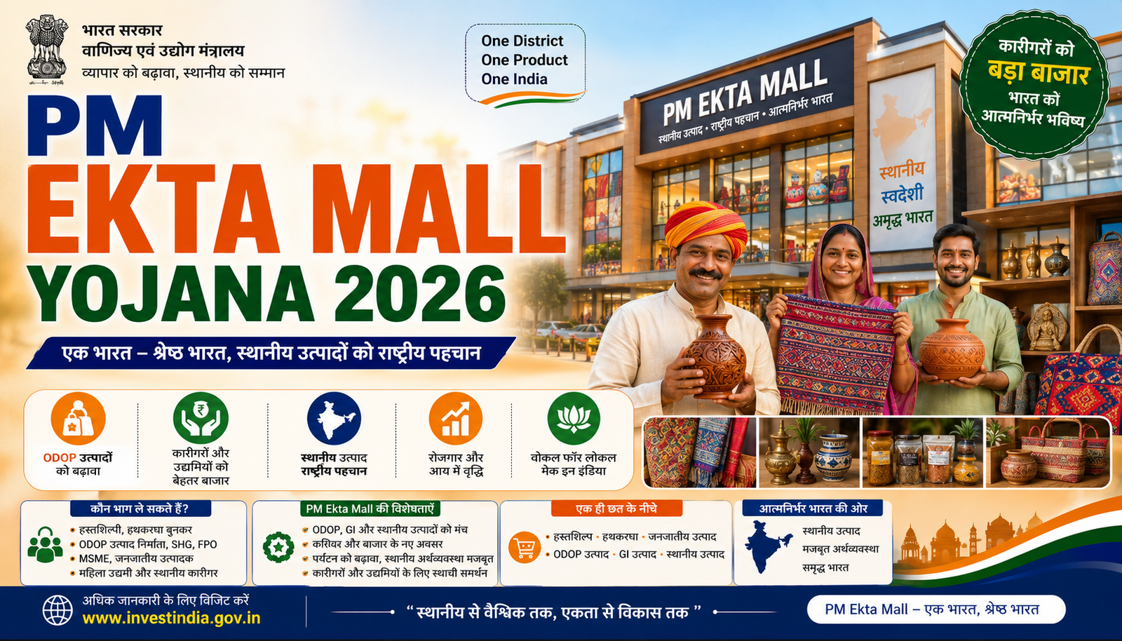 PM Ekta Mall Yojana 2026, पीएम एकता मॉल योजना 2026, PM Ekta Mall Scheme, Unity Mall, One District One Product, ODOP, GI Products, Local Products, Vocal for Local, Handicraft Scheme