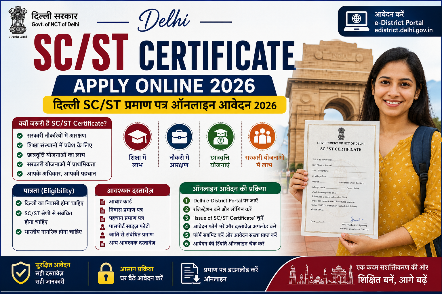Delhi SC/ST Certificate Apply Online 2026, दिल्ली SC/ST प्रमाण पत्र ऑनलाइन आवेदन, Delhi Caste Certificate, SC Certificate Delhi, ST Certificate Delhi, Delhi e-District Portal, SC ST Certificate Download