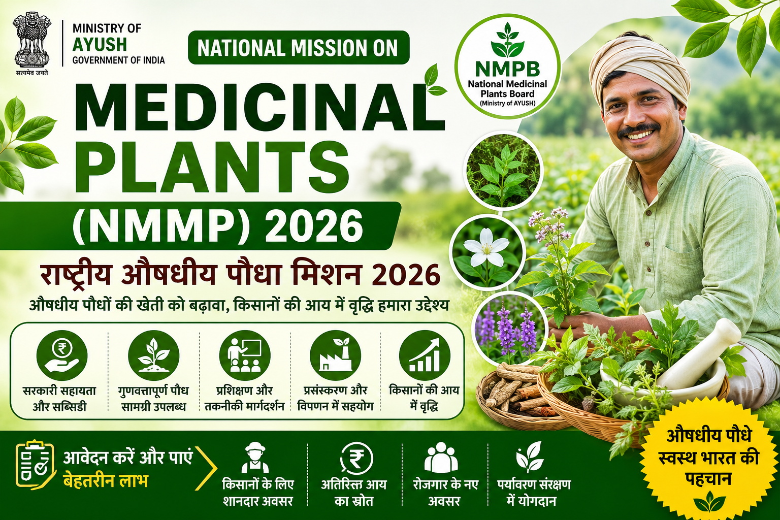 National Mission on Medicinal Plants (NMMP) 2026 के तहत औषधीय पौधों की खेती, सरकारी सब्सिडी, आवेदन प्रक्रिया, पात्रता और किसानों को मिलने वाले लाभ की जानकारी दर्शाती हुई फीचर इमेज।