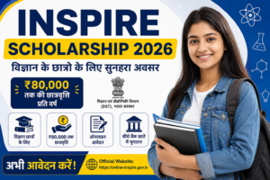 INSPIRE Scholarship 2026 की फीचर इमेज, जिसमें विज्ञान वर्ग के छात्रों के लिए ₹80,000 वार्षिक छात्रवृत्ति, ऑनलाइन आवेदन और सरकारी सहायता की जानकारी दिखाई गई है।