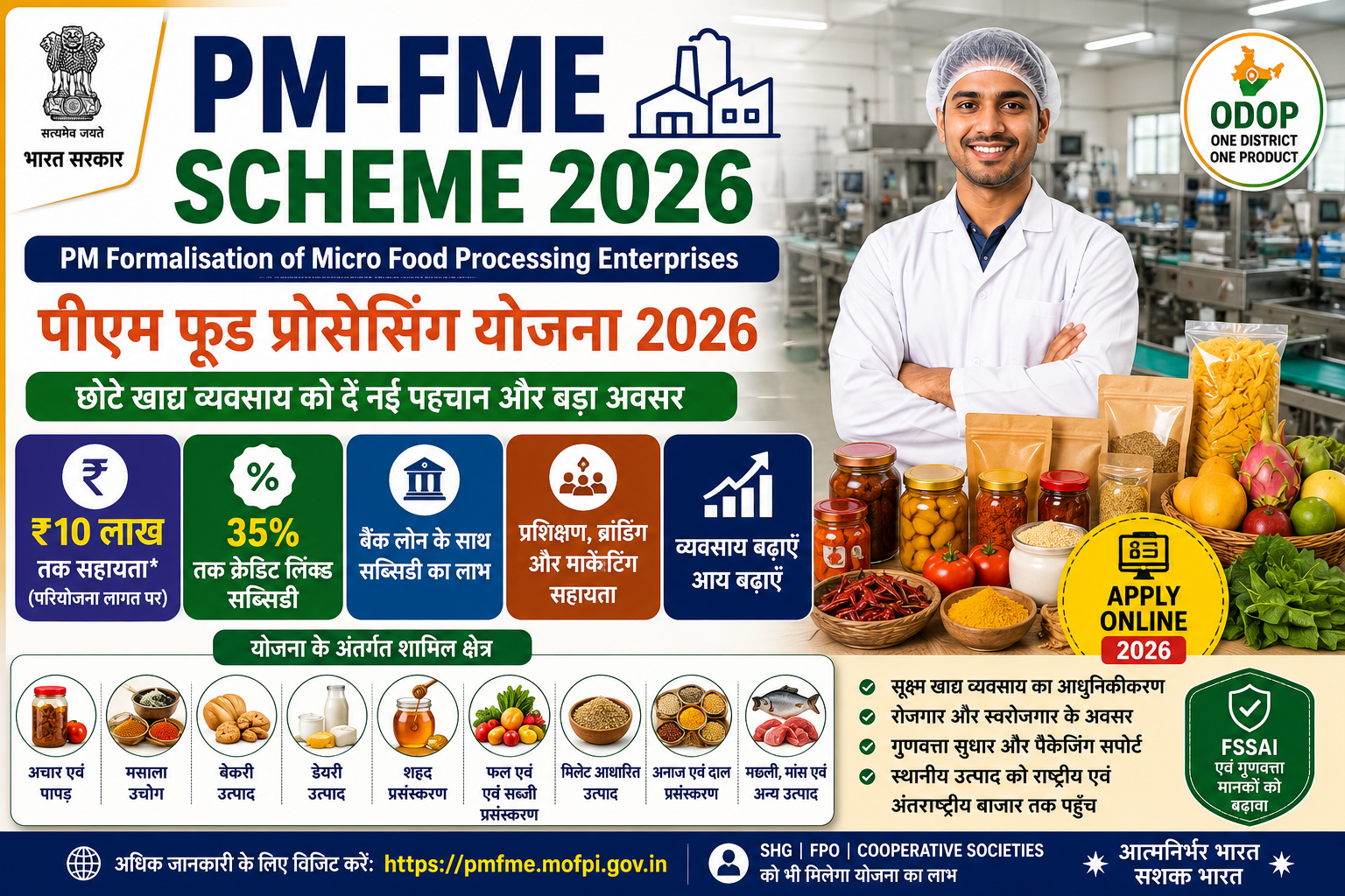 PM Formalisation of Micro Food Processing Enterprises Scheme 2026, PM-FME Scheme 2026, पीएम फूड प्रोसेसिंग योजना 2026, PMFME Online Apply, Food Processing Scheme India, ODOP Scheme, MoFPI Scheme, Food Processing Subsidy, Micro Food Processing Enterprises
