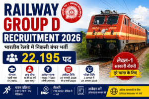 Railway Group D Recruitment 2026 की फीचर इमेज जिसमें भारतीय रेलवे की Group D भर्ती, 22,195 पद, ऑनलाइन आवेदन, योग्यता, आयु सीमा और सरकारी नौकरी की जानकारी दिखाई गई है।