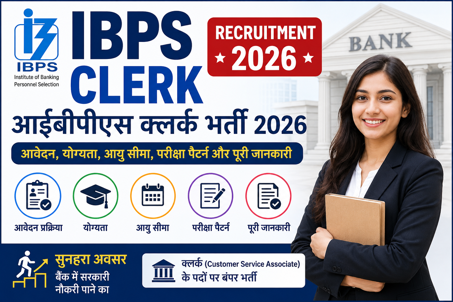 IBPS Clerk Recruitment 2026 की फीचर इमेज जिसमें आईबीपीएस क्लर्क भर्ती 2026, ऑनलाइन आवेदन, योग्यता, आयु सीमा, परीक्षा पैटर्न, सरकारी बैंक नौकरी और Customer Service Associate पदों की जानकारी दिखाई गई है।