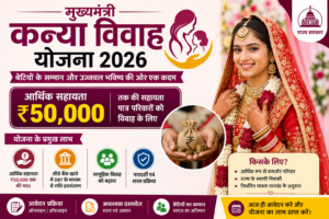 Mukhyamantri Kanya Vivah Yojana 2026 की फीचर इमेज जिसमें मुख्यमंत्री कन्या विवाह योजना के तहत पात्र परिवारों को आर्थिक सहायता, आवेदन प्रक्रिया, पात्रता, आवश्यक दस्तावेज और बेटियों के विवाह के लिए सरकारी सहायता की जानकारी दिखाई गई है।