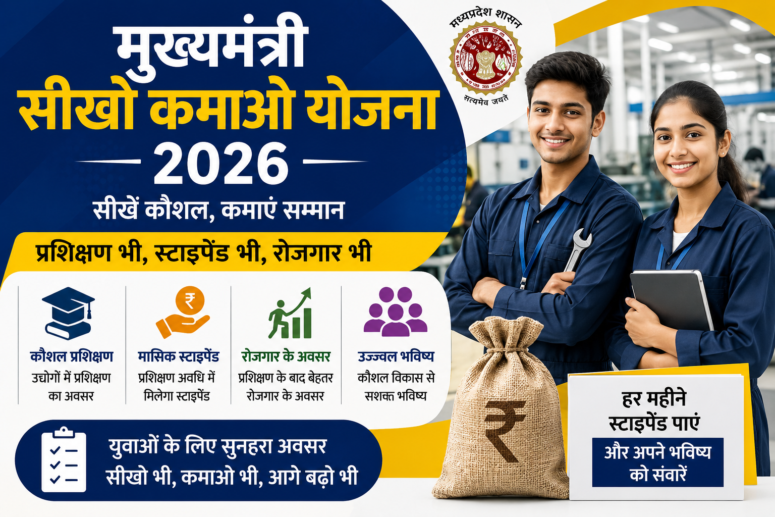 Mukhyamantri Seekho Kamao Yojana 2026 की फीचर इमेज, जिसमें मध्य प्रदेश के युवाओं के लिए कौशल प्रशिक्षण, मासिक स्टाइपेंड, रोजगार के अवसर, ऑनलाइन आवेदन और योजना के प्रमुख लाभों की जानकारी दिखाई गई है।