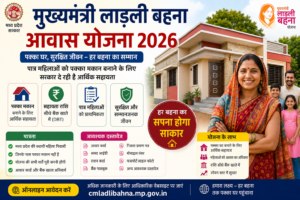 Mukhyamantri Ladli Behna Awas Yojana 2026 की फीचर इमेज, जिसमें मध्य प्रदेश की पात्र महिलाओं को पक्का मकान बनाने के लिए आर्थिक सहायता, ऑनलाइन आवेदन, पात्रता, लाभ और योजना की प्रमुख जानकारी दिखाई गई है।