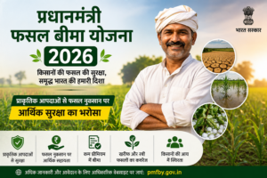 Pradhan Mantri Fasal Bima Yojana 2026 की फीचर इमेज, जिसमें किसानों के लिए फसल बीमा, प्राकृतिक आपदाओं से सुरक्षा, ऑनलाइन आवेदन, बीमा क्लेम, कम प्रीमियम और योजना के प्रमुख लाभों की जानकारी दिखाई गई है।