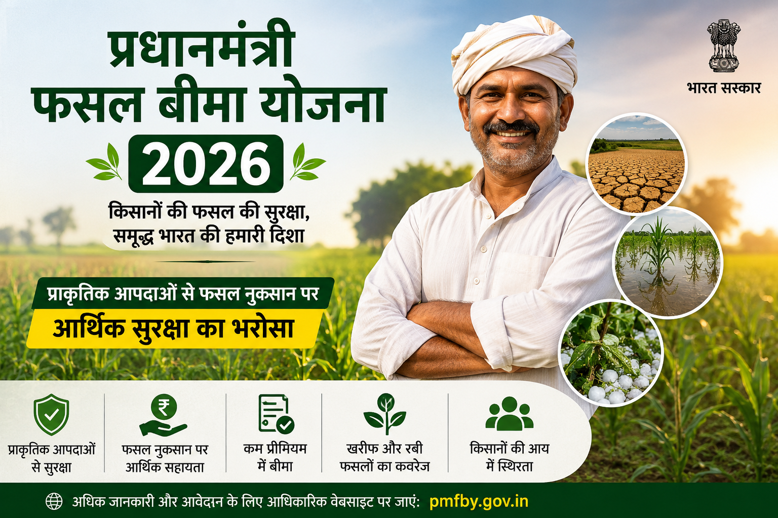 Pradhan Mantri Fasal Bima Yojana 2026 की फीचर इमेज, जिसमें किसानों के लिए फसल बीमा, प्राकृतिक आपदाओं से सुरक्षा, ऑनलाइन आवेदन, बीमा क्लेम, कम प्रीमियम और योजना के प्रमुख लाभों की जानकारी दिखाई गई है।