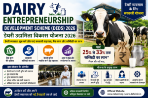 Dairy Entrepreneurship Development Scheme (DEDS) 2026 के तहत डेयरी फार्म, सब्सिडी, बैंक ऋण, आवेदन प्रक्रिया, पात्रता और पशुपालकों को मिलने वाले लाभ की जानकारी दर्शाती हुई फीचर इमेज।