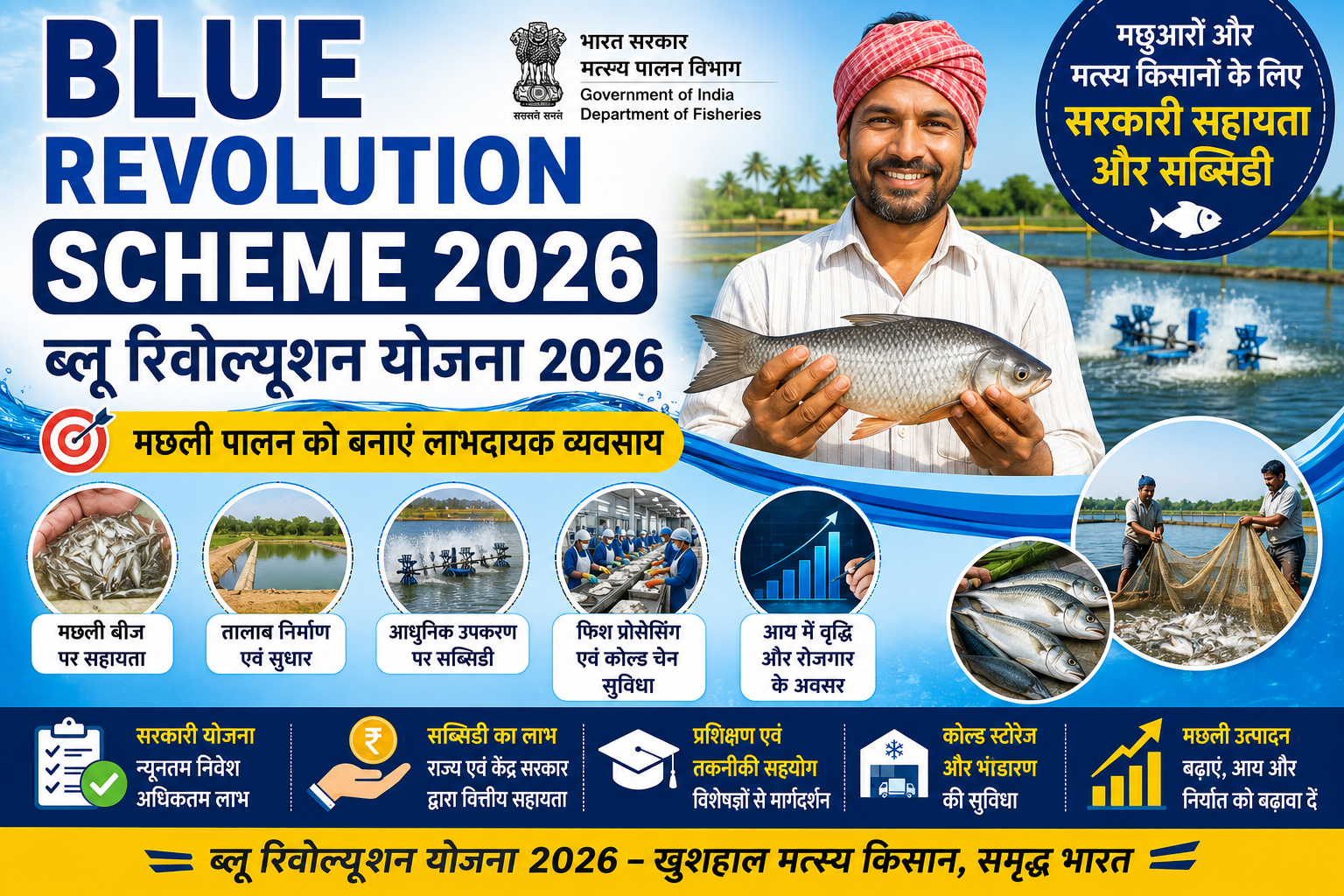 Blue Revolution Scheme 2026 के तहत मछली पालन, सब्सिडी, मत्स्य किसानों को मिलने वाले लाभ, आवेदन प्रक्रिया और सरकारी सहायता की जानकारी दर्शाती हुई फीचर इमेज।