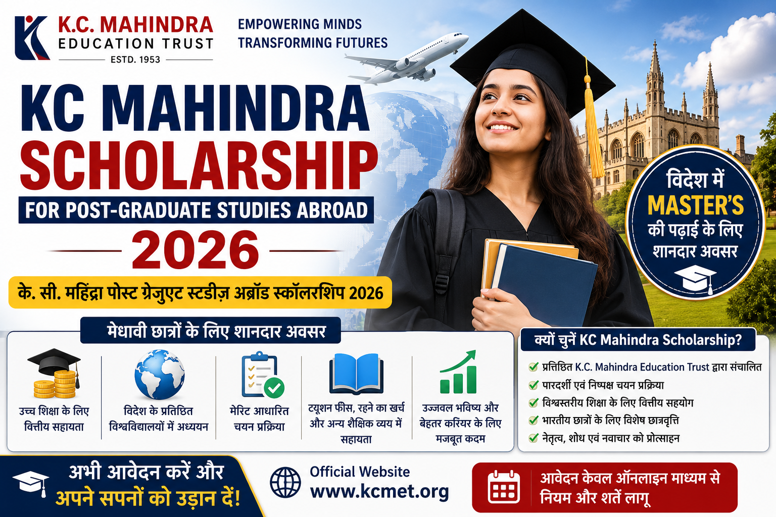 KC Mahindra Scholarship 2026 के लिए आवेदन, पात्रता, छात्रवृत्ति राशि, विदेश में Master's पढ़ाई, आवश्यक दस्तावेज और चयन प्रक्रिया की जानकारी दर्शाती हुई फीचर इमेज।