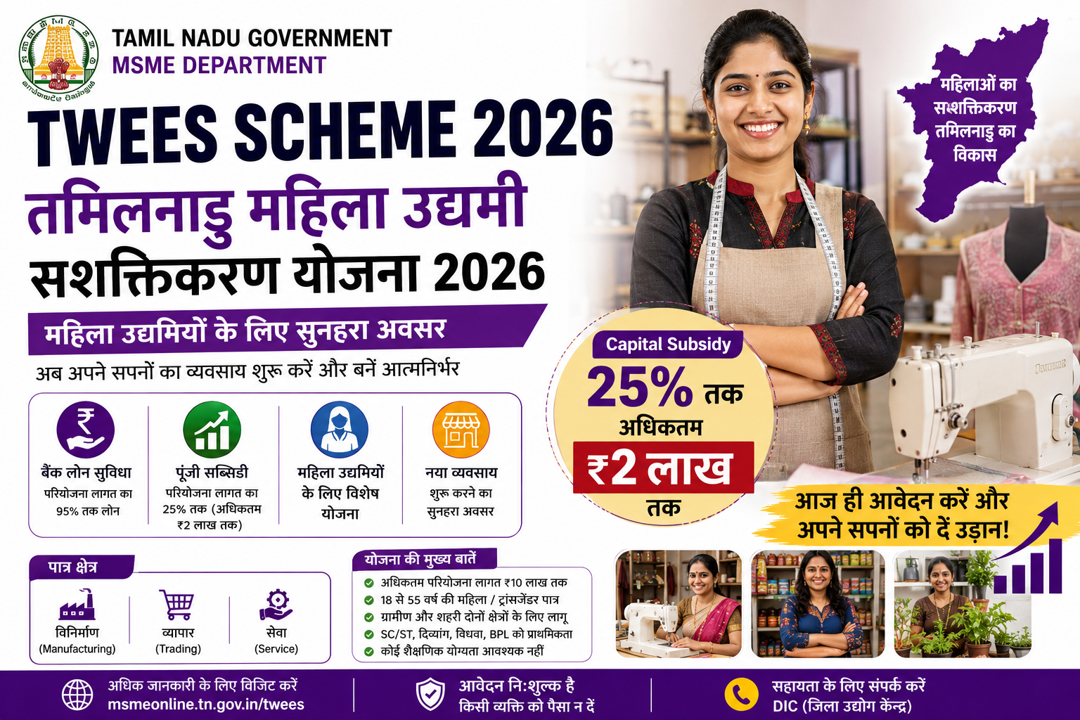 Tamil Nadu Women Entrepreneurs Empowerment Scheme 2026 के तहत महिला उद्यमियों के लिए लोन, 25 प्रतिशत तक सब्सिडी और व्यवसाय शुरू करने की जानकारी दर्शाती फीचर इमेज।