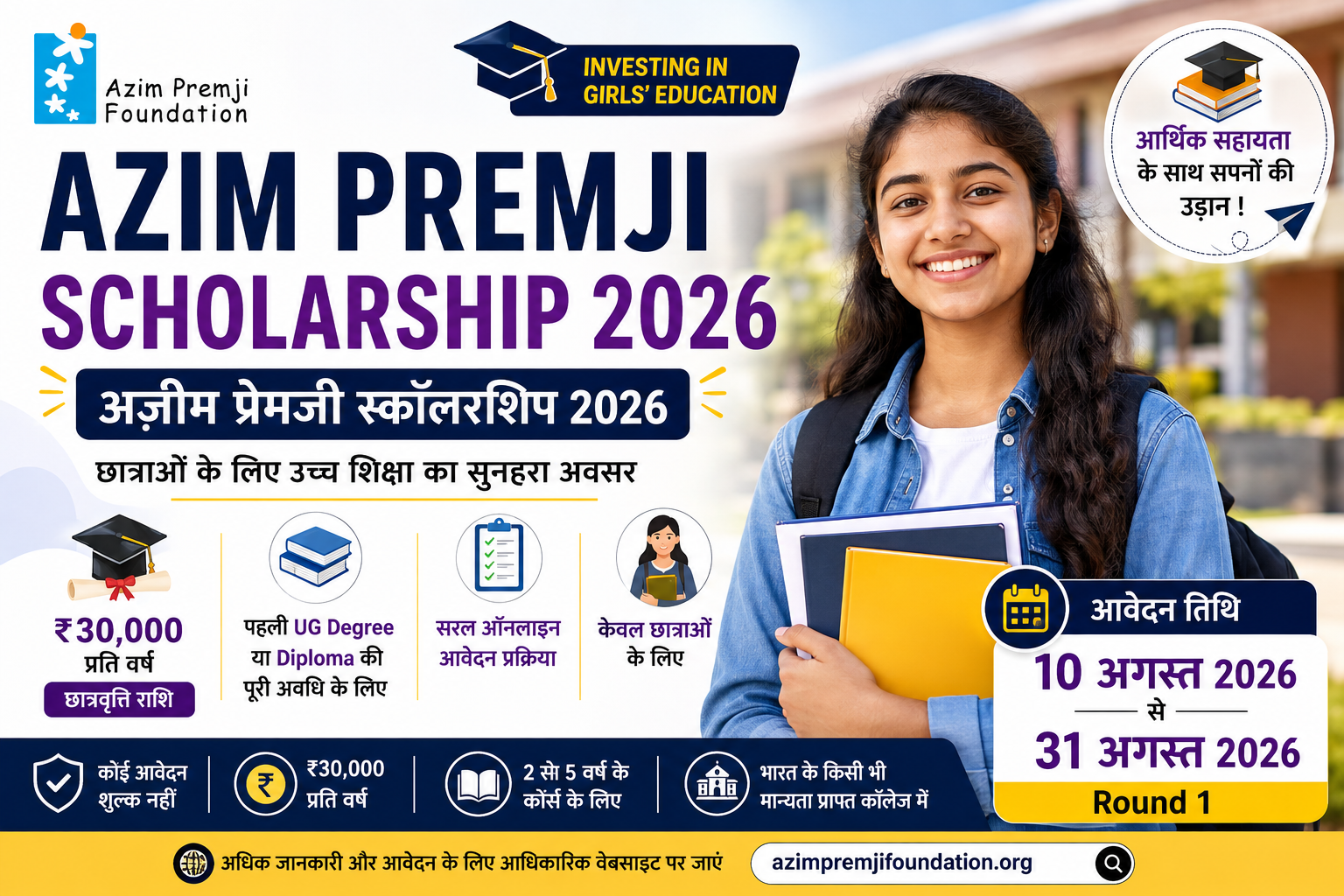 Azim Premji Scholarship 2026 के तहत छात्राओं को ₹30,000 सालाना छात्रवृत्ति, आवेदन और उच्च शिक्षा की जानकारी दर्शाती फीचर इमेज।