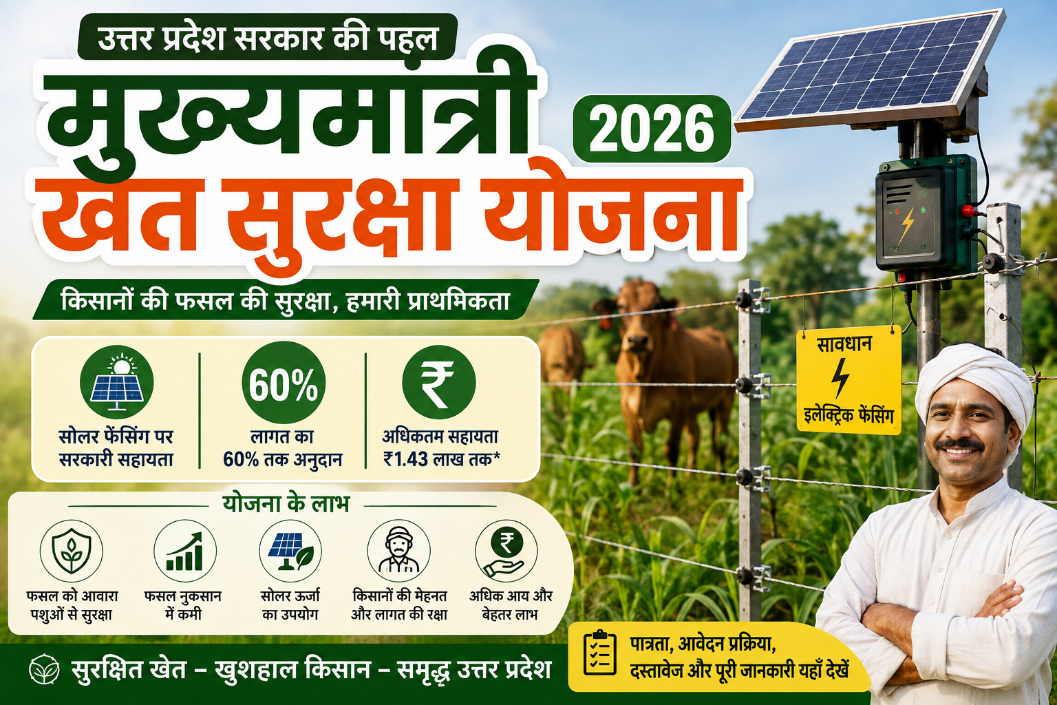 Mukhyamantri Khet Suraksha Yojana 2026 की फीचर इमेज, जिसमें उत्तर प्रदेश के किसानों के लिए सोलर फेंसिंग, 60 प्रतिशत तक सरकारी सहायता, फसल सुरक्षा और योजना के लाभ दिखाए गए हैं।