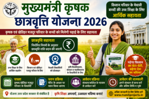 Mukhyamantri Krishak Chhatravriti Yojana 2026 की फीचर इमेज जिसमें किसान परिवार के बच्चों की उच्च शिक्षा के लिए छात्रवृत्ति, कृषि शिक्षा, पात्रता और आवेदन प्रक्रिया की जानकारी दिखाई गई है।