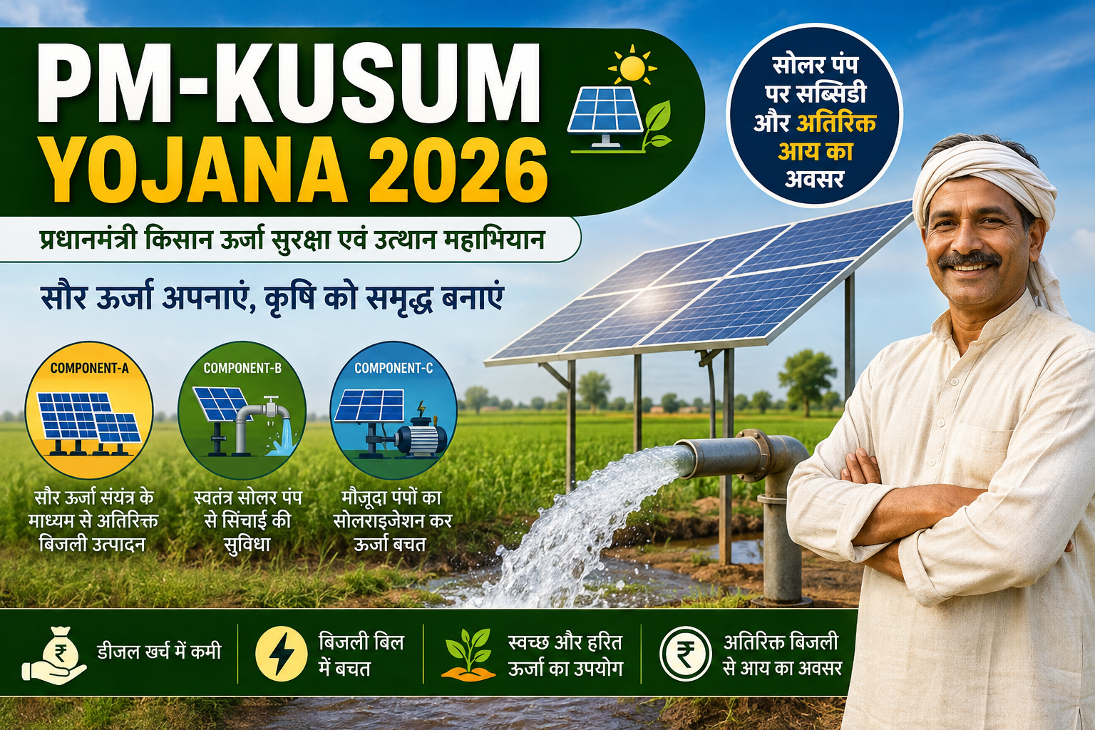 PM-KUSUM Yojana 2026 में सोलर पंप और सौर ऊर्जा से खेती करते किसान