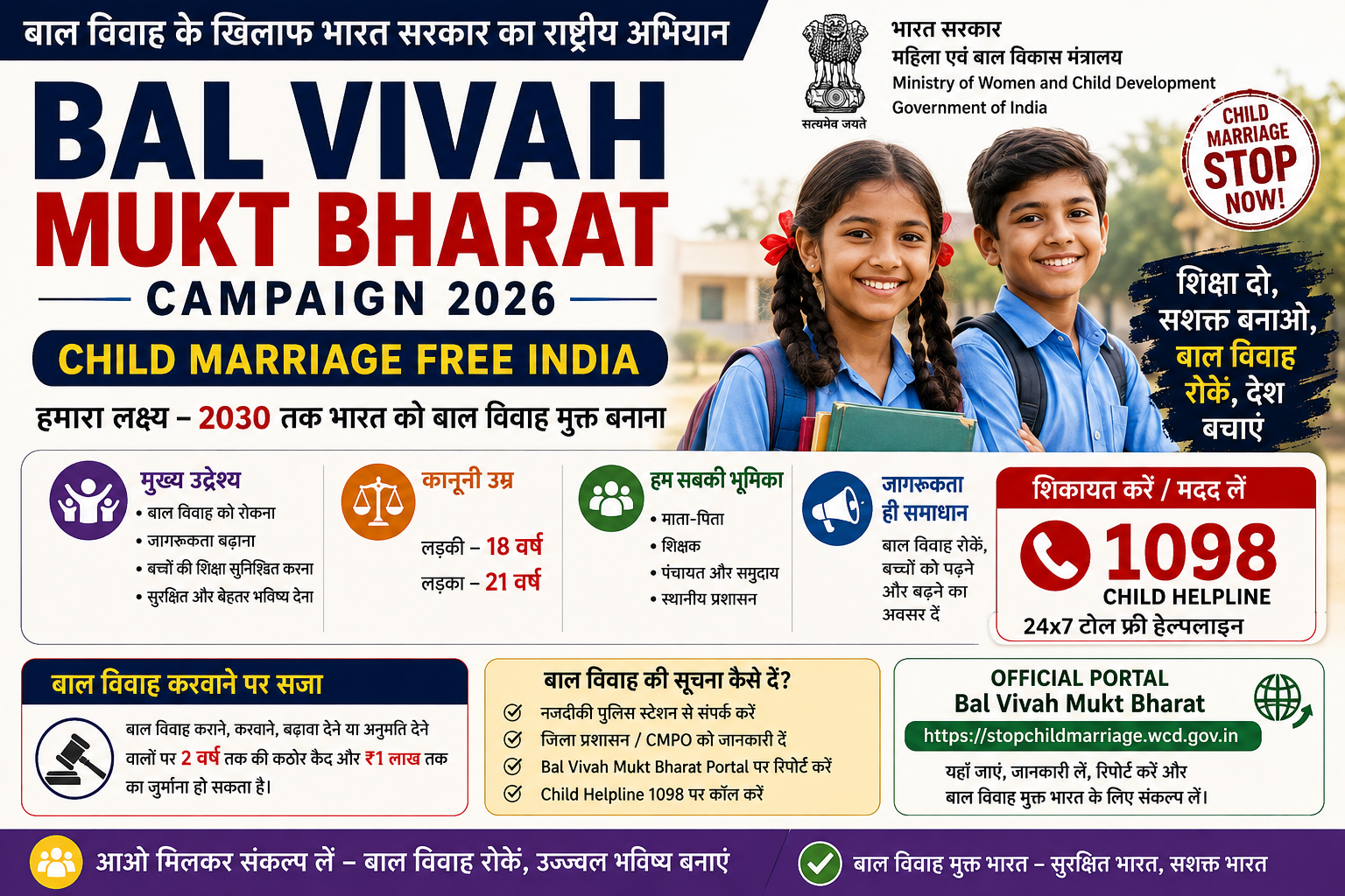 Bal Vivah Mukt Bharat Campaign 2026 — बाल विवाह रोकने, बच्चों की शिक्षा और सुरक्षा को बढ़ावा देने वाला भारत सरकार का राष्ट्रीय अभियान