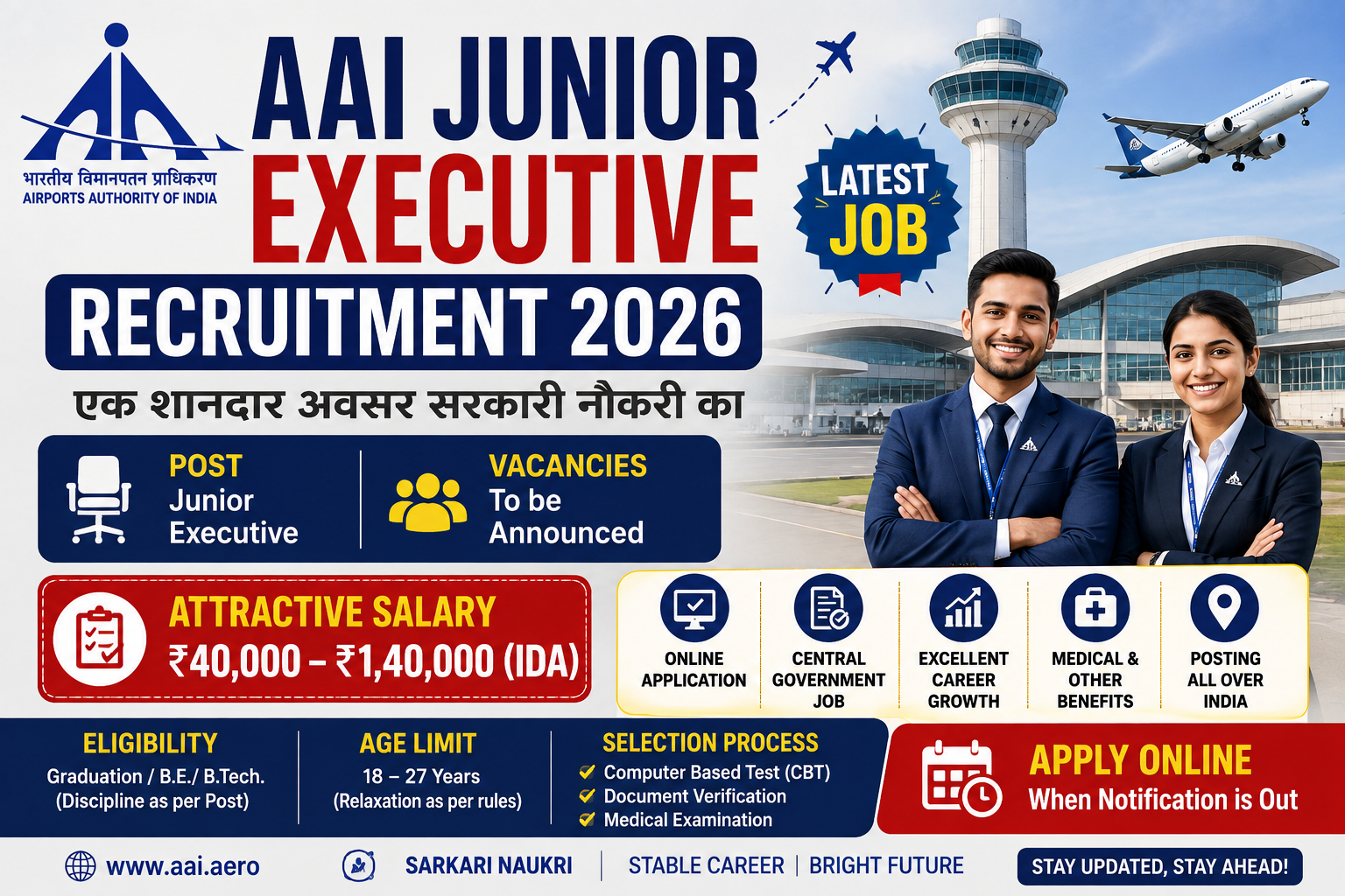 AAI Junior Executive Recruitment 2026 की फीचर इमेज, जिसमें Airports Authority of India (AAI) की जूनियर एग्जीक्यूटिव भर्ती, एयरपोर्ट, एयर ट्रैफिक कंट्रोल टॉवर, हवाई जहाज, वेतन, पात्रता और ऑनलाइन आवेदन की जानकारी दर्शाई गई है।