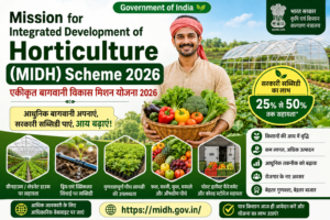 Mission for Integrated Development of Horticulture (MIDH) Scheme 2026 के तहत किसानों को मिलने वाली सब्सिडी, आवेदन प्रक्रिया, पात्रता, आवश्यक दस्तावेज और बागवानी विकास की जानकारी दर्शाती हुई फीचर इमेज।