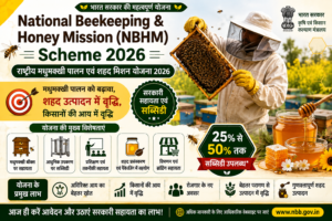 National Beekeeping & Honey Mission (NBHM) Scheme 2026 के तहत मधुमक्खी पालन, सरकारी सहायता, सब्सिडी, आवेदन प्रक्रिया, पात्रता और शहद उत्पादन की जानकारी दर्शाती हुई फीचर इमेज।